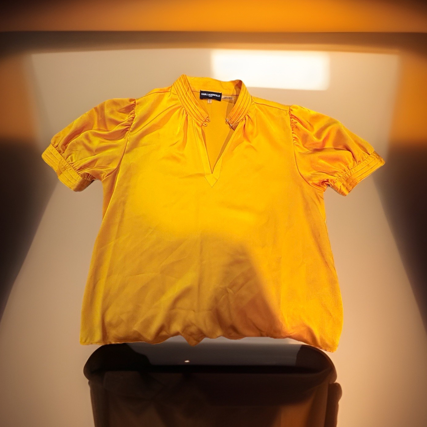 KARL LAGERFELD PARIS Orange Satin V-Neck Puff Short Sleeve Blouse Size G