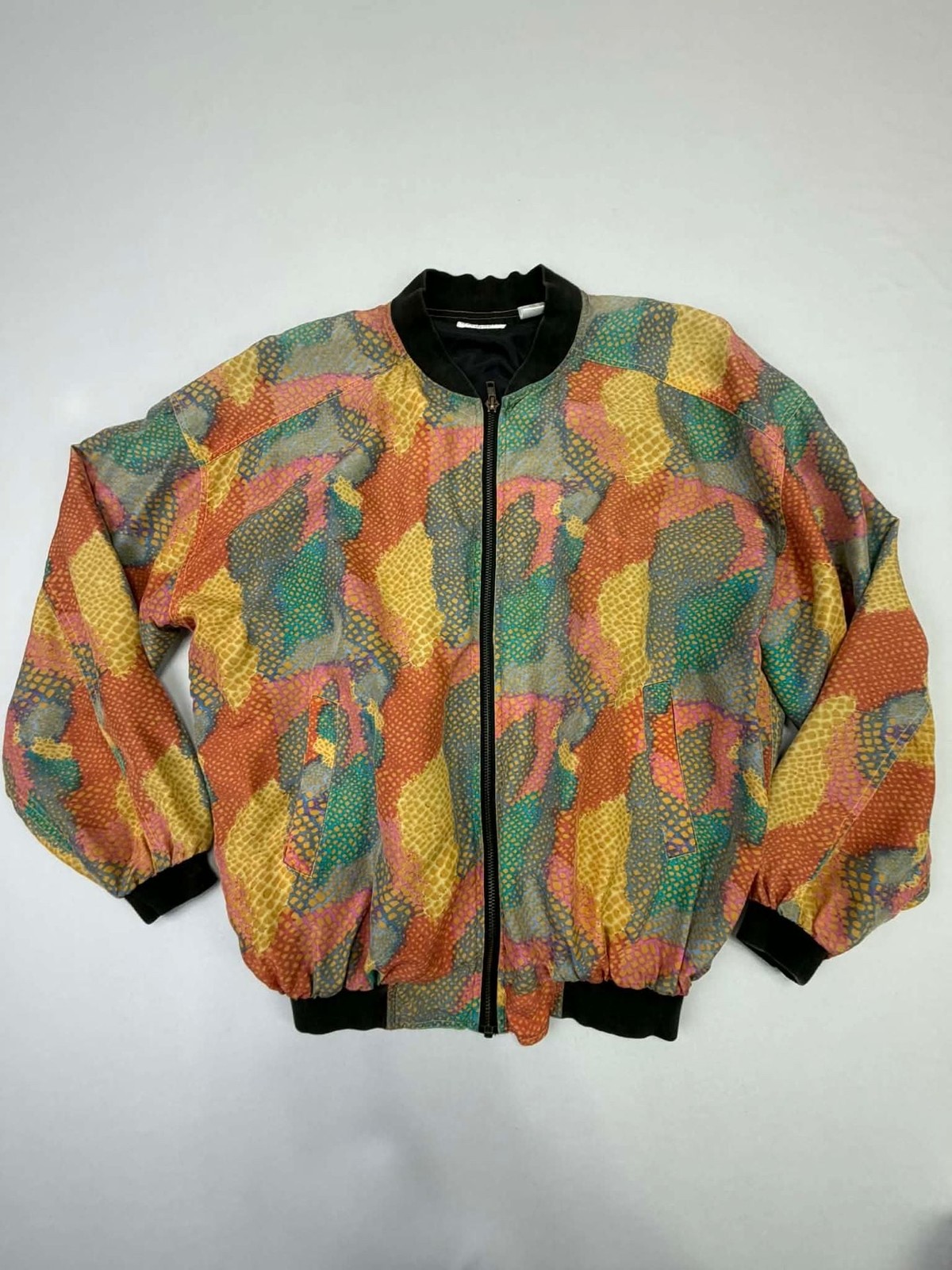 Vintage Robert Stock Limited 100% Silk Abstract Snakeskin Print Bomber Jacket