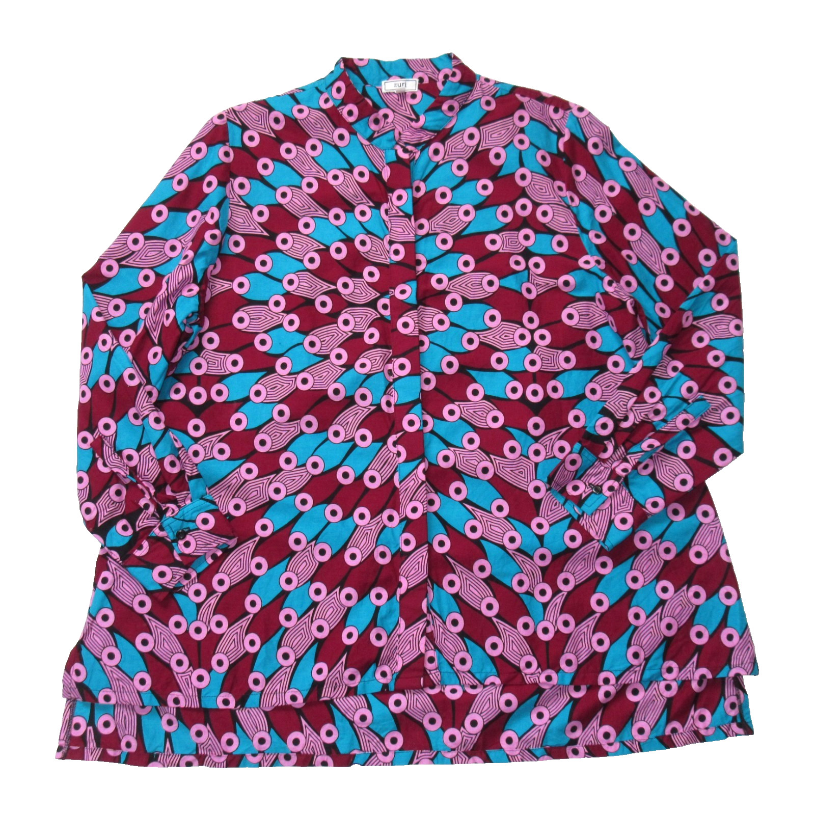 Zuri Kenya Wrinkle In Time Shirt in Teal Maroon Pink Black Cotton Button L