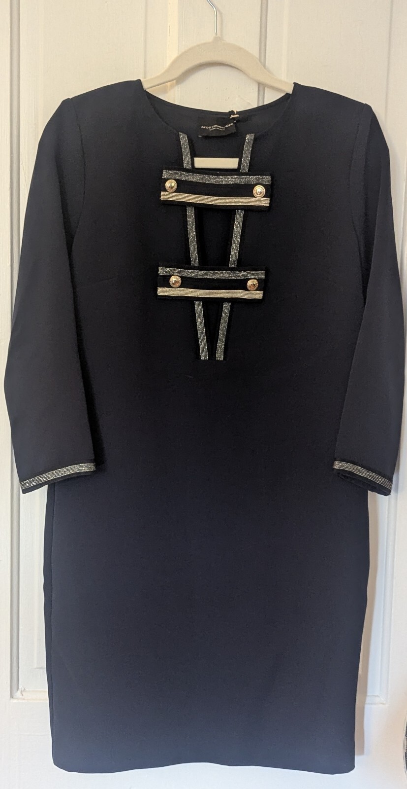 NWT BEAUTIFUL ATOS LOMBARDINI BLU NOTTE GOLD BUTTON SHEATH DRESS | IT 40 or US 4