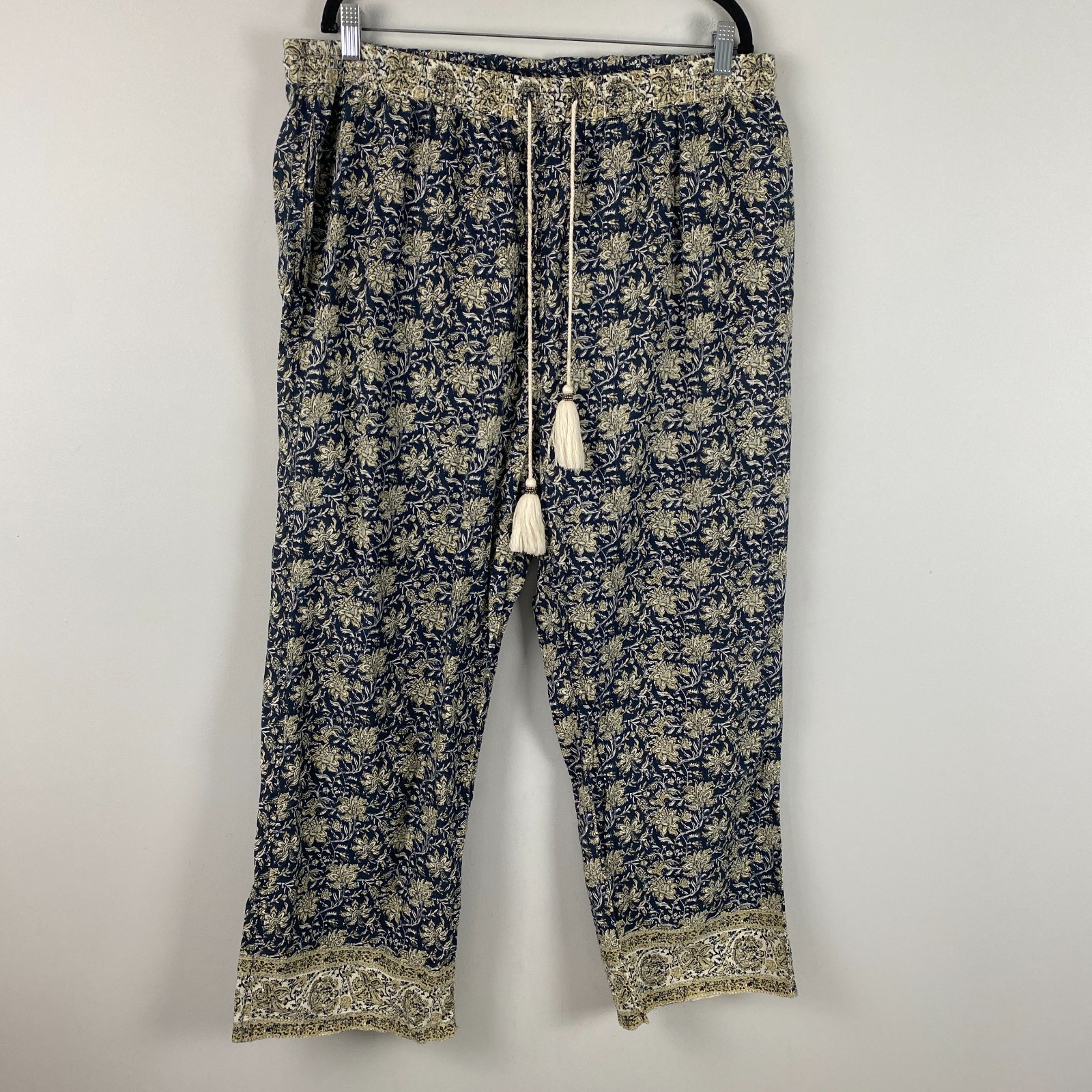Sundance Tassel Wide Leg Crop Floral Pants Size XL Boho Cotton Multicolor