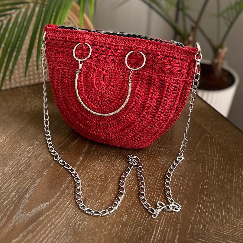 Red Half Moon Knitted Paper Yarn Crossbody Bag Silver Chain Strap Handmade