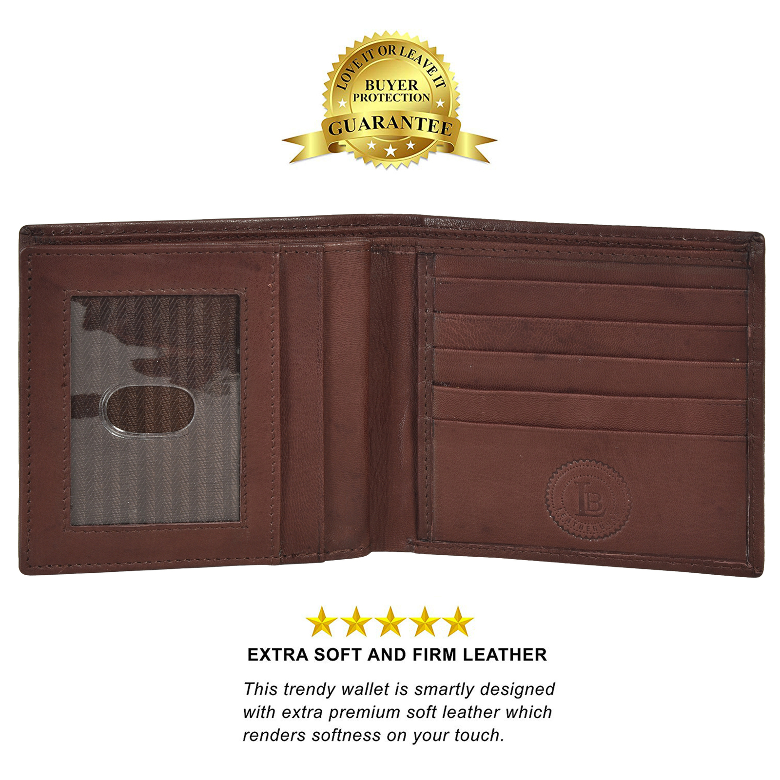 Leatherboss Genuine Leather Men Hipster Wide Middle flap Wallet, Dark Brown