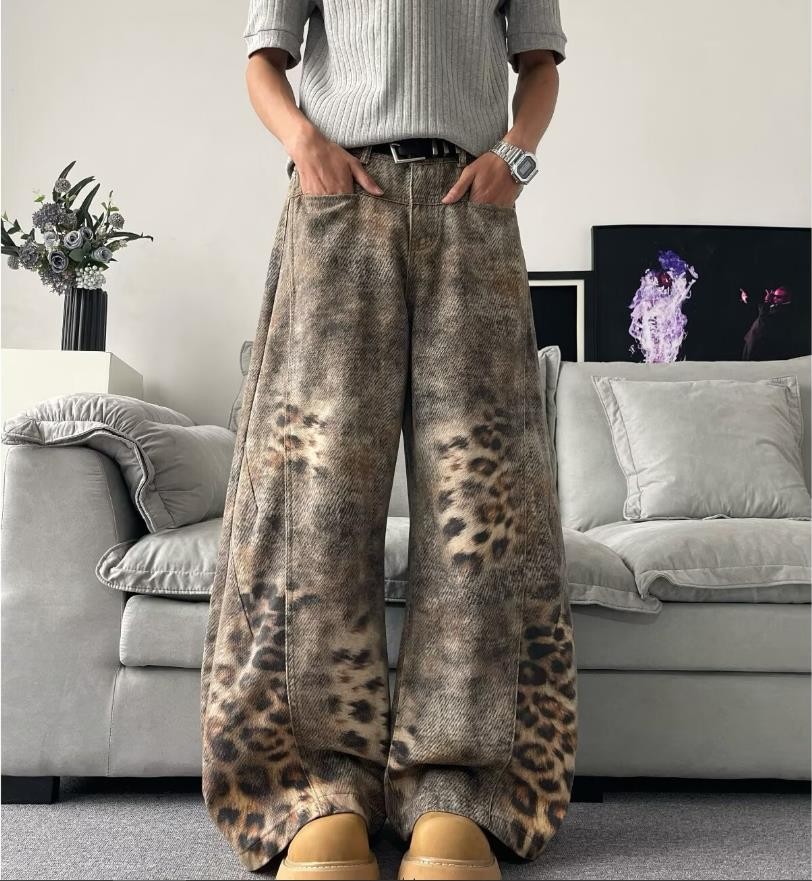 Men’s Brown Denim Jeans Leopard Wide Leg Casual Pants Punk Hip Hop Trousers New