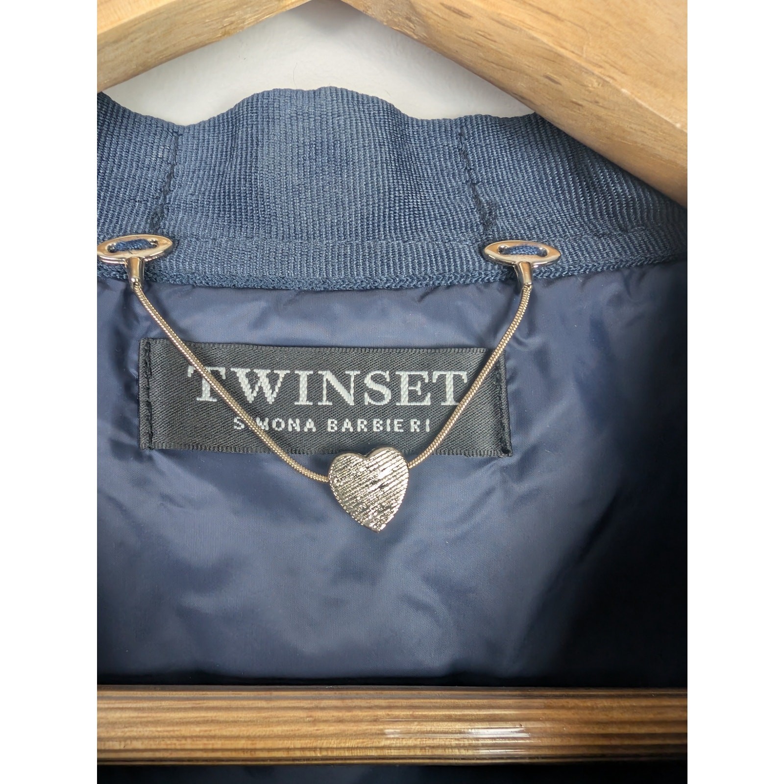 Twinset Simona Barbieri Pearled Trim Ruffle Quilted Puffer Jacket Navy 44 46 M L