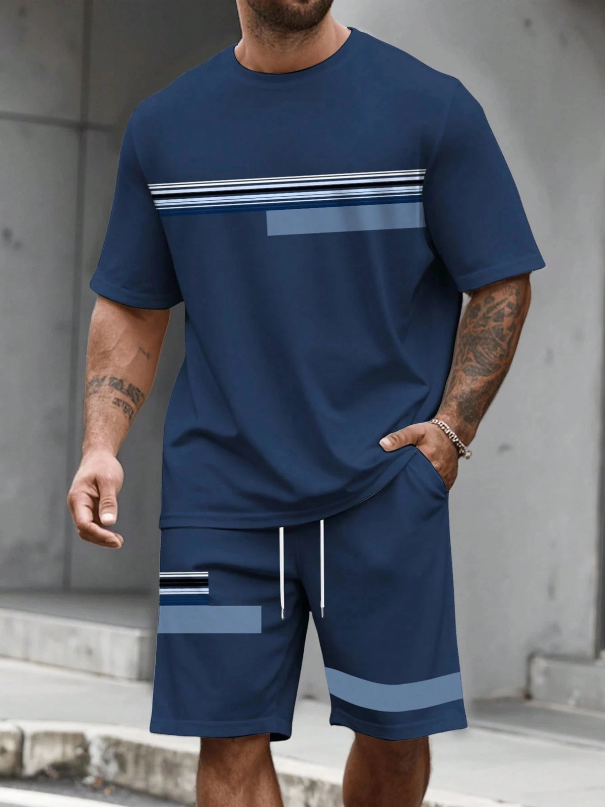 Casual Stripe Printed T-shirt Shorts Set Large Size Loose Men’s Short Sleeve Tee