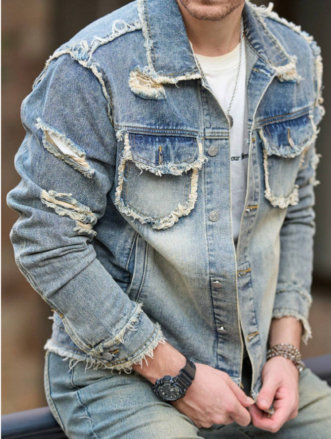 Men’s Frayed Ripped Distressed Denim Jacket Lapel Button‑Up Raw Edge Trucker