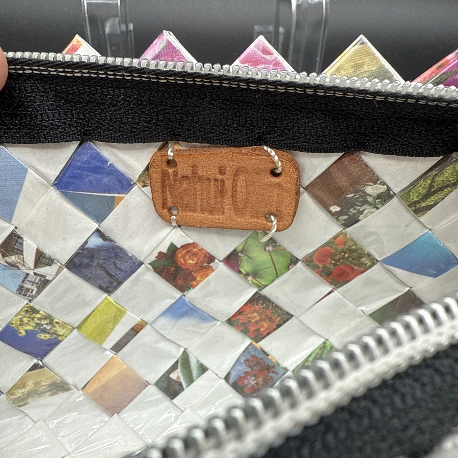 Nahui Ollin White And Floral Candy Wrapper Clutch Purse Wristlet Zip Top Woven
