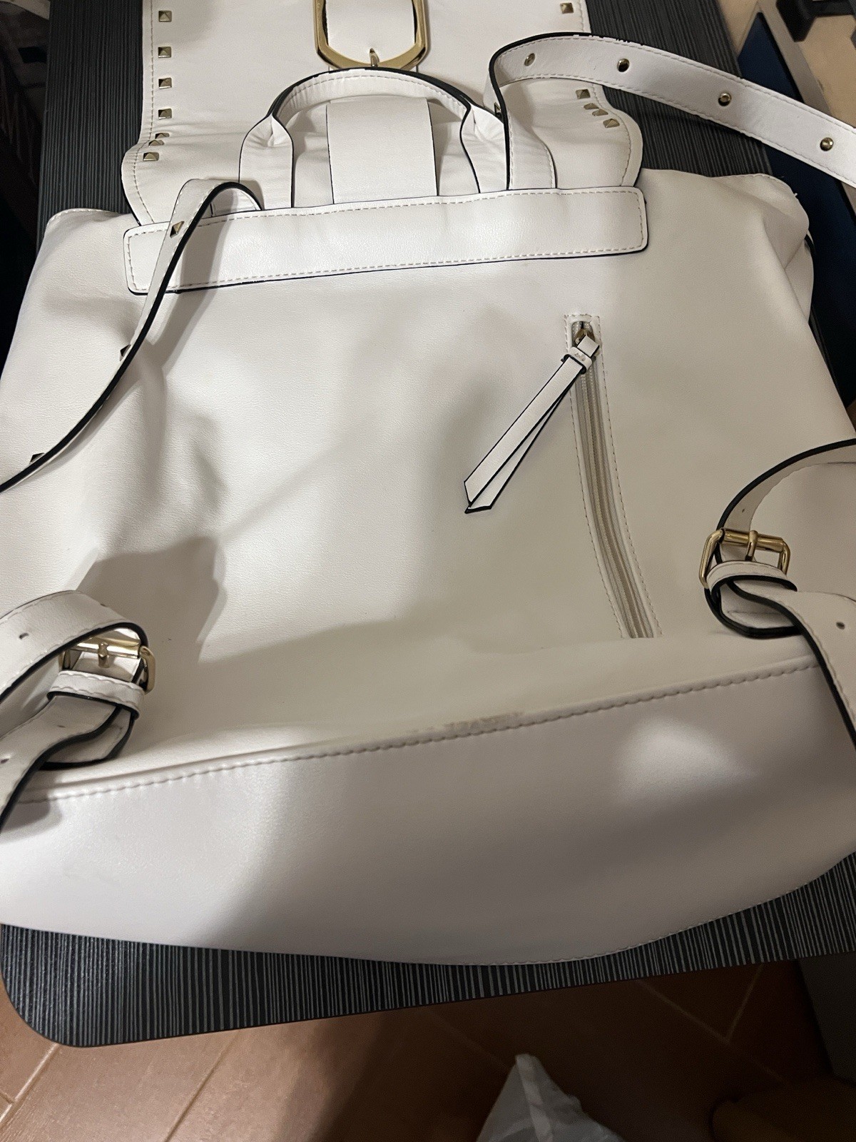 Gianni Bini White Studded Backpack Purse Gold Hardware Buckle Striped Lined