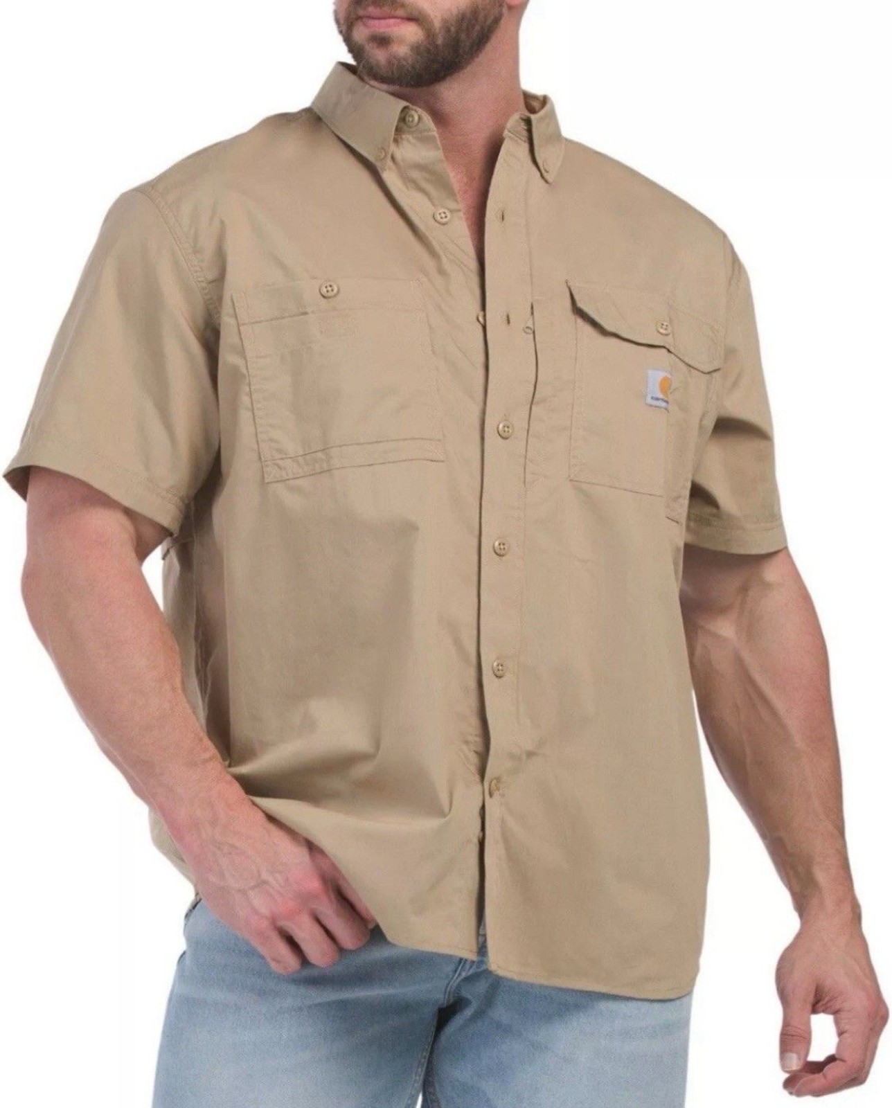Carhartt Force Ridgefield XL Shirt Khaki Logo Button-Up Pockets FastDry Vented