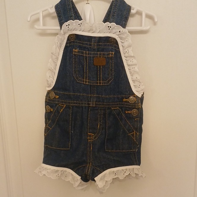 Lee Girls Denim Shortalls Lace Trim Pockets Snap Closure Blue/White 0-3M