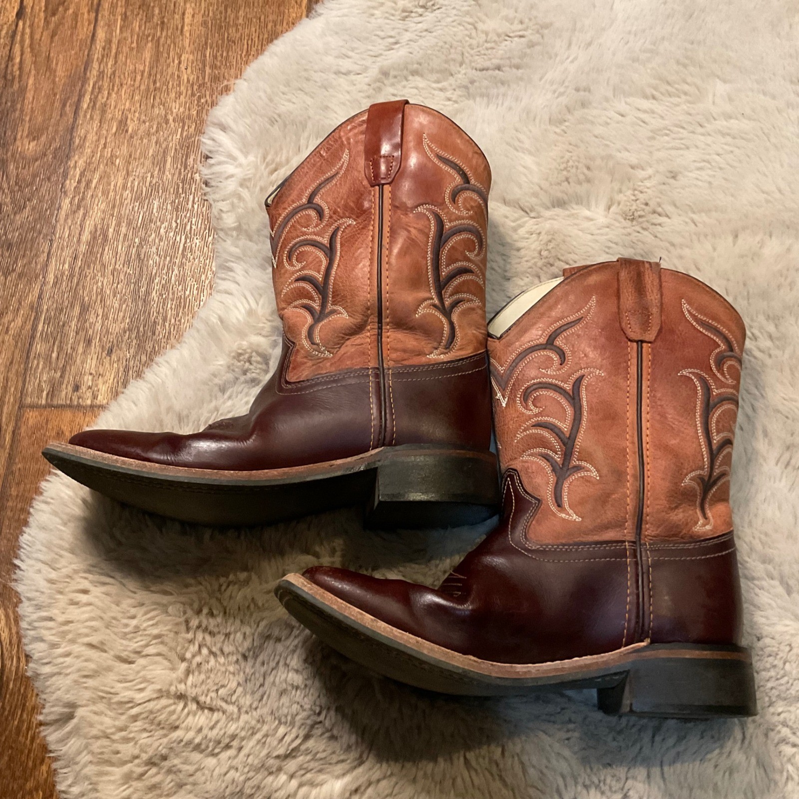 Old West Cowboy Boots Size 3 BSC1859 Square Toe Brown Rust Top