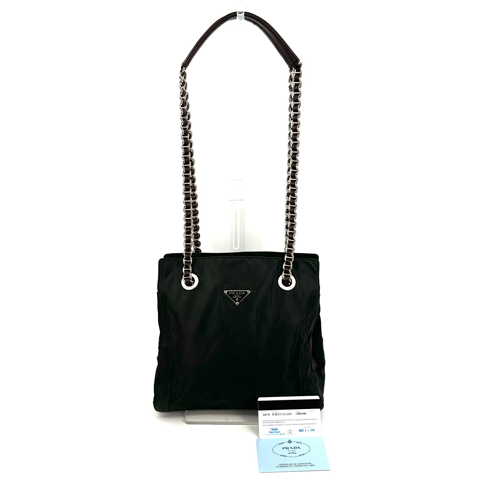 PRADA Shoulder Bag Cain Nylon Leather Green Khaki Triangle Logo Plate Black Auth