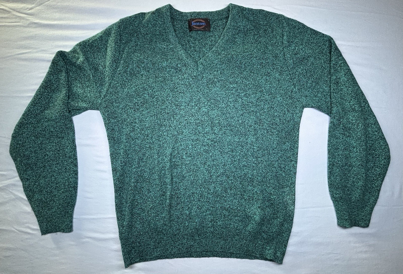 Vintage 90s JANTZEN Green Orlon Acrylic V-Neck Sweater Made USA