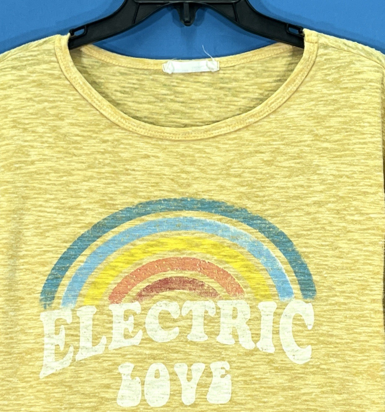 ELECTRIC LOVE Yellow SLUB KNIT Rainbow Pride PULLOVER Graphic T-Shirt Top Sz S