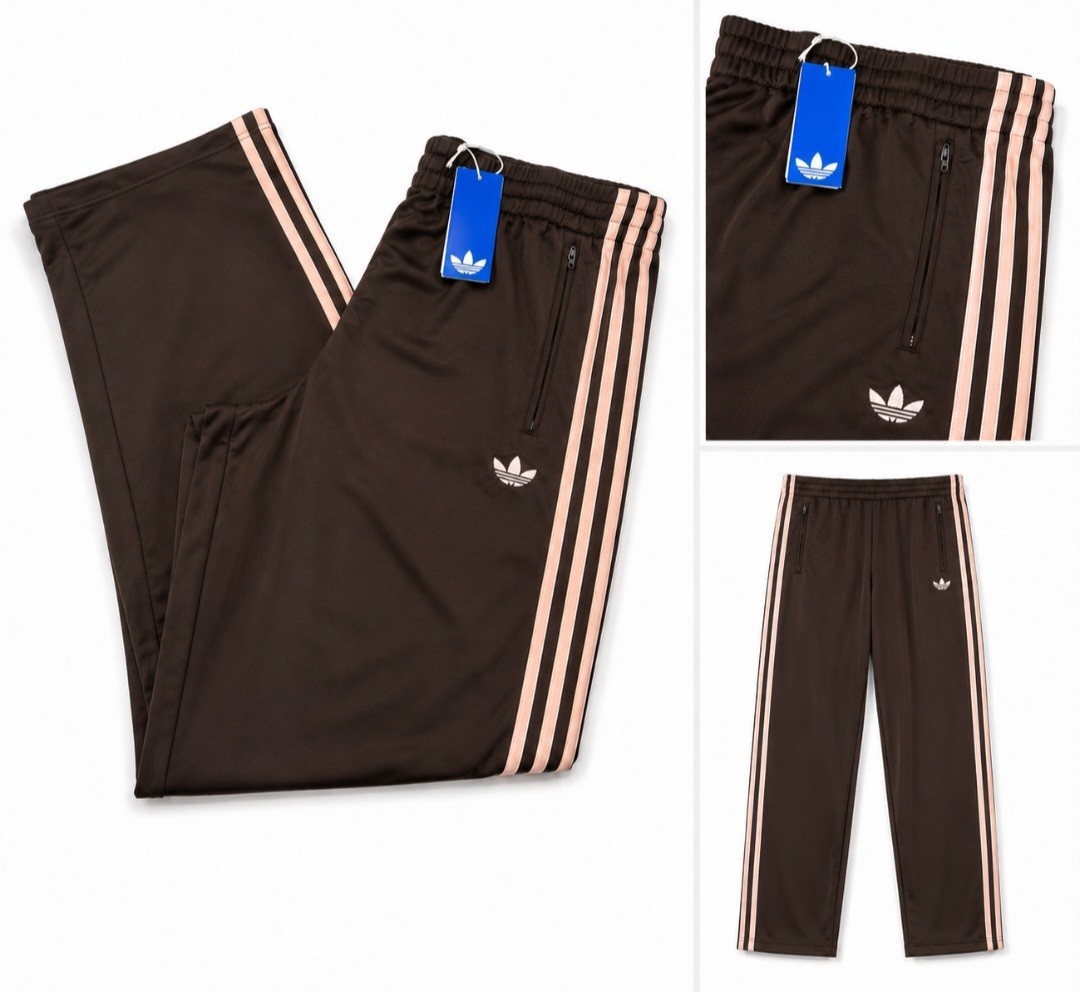 Adidas Track Pants Aurora Coffee (Brown) with light pink Stripes – Size SMALL