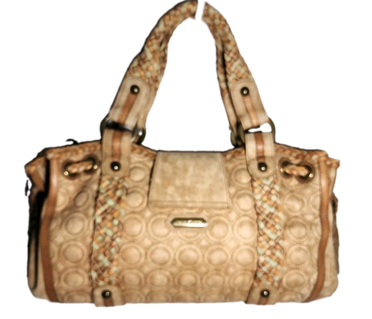 ISABELLA FIORE KISSES AND HUGS EMBROIDERED X’S AND O’S LARGE LEATHER HANDBAG$739