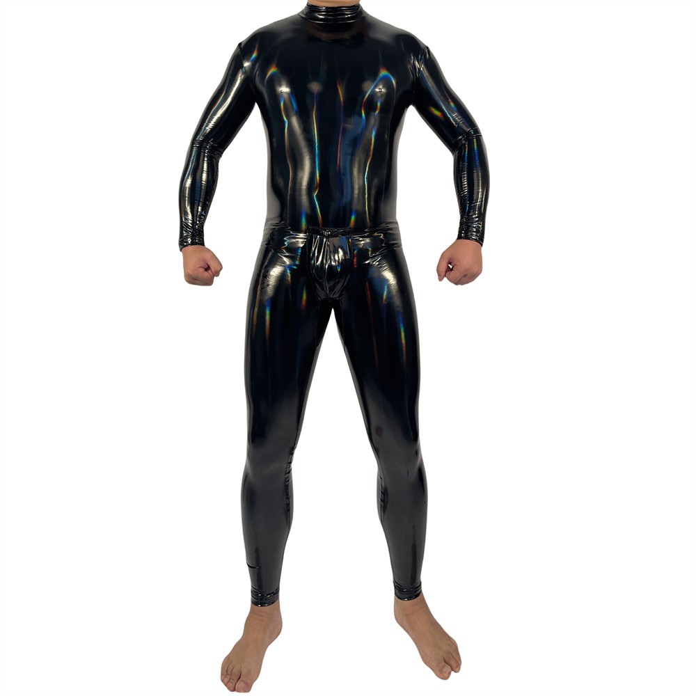 Men’s Wet Look Shiny Latex Leather Bodysuit Cosplay Costume PVC Bodycon Clubwear