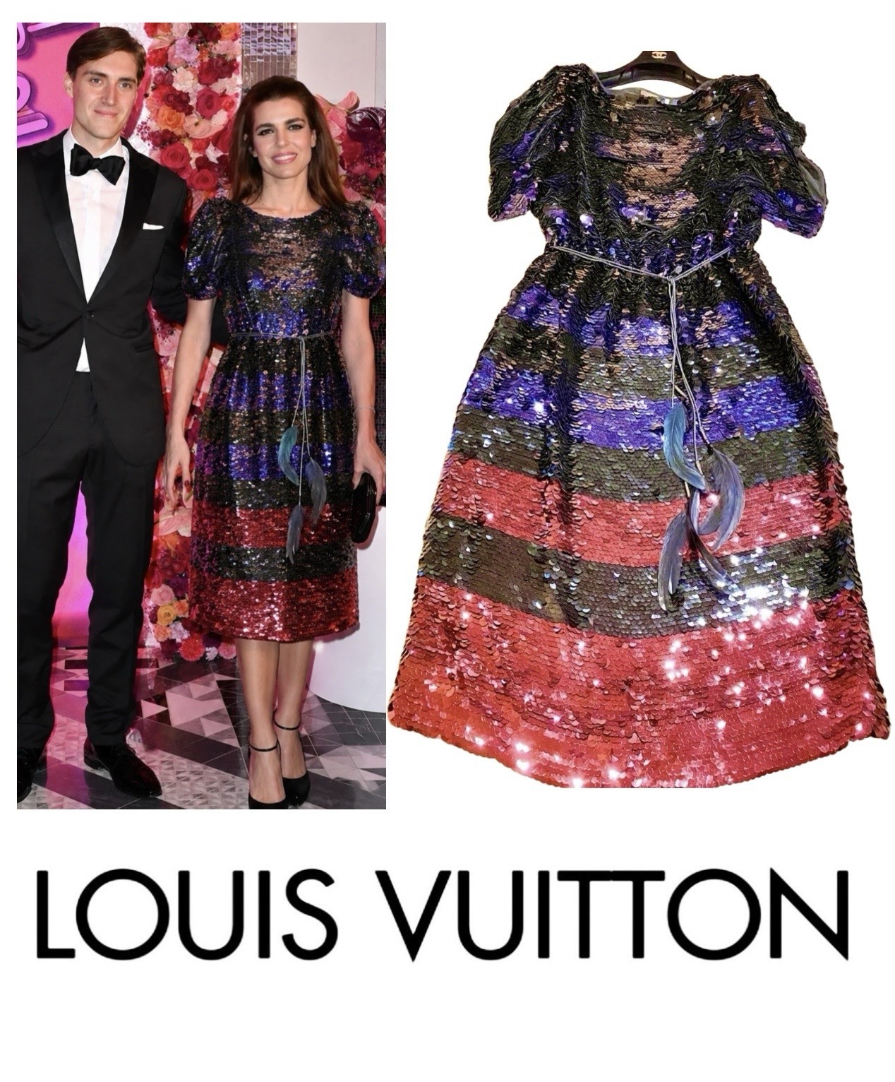 11K Louis Vuitton Red Sequin Stripe Party Dress Feather Belt Set 36 38 4 6 S M