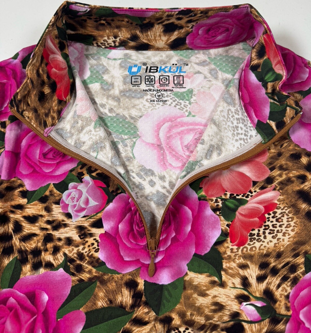 NWT IBKUL Golf Tennis 1/4 Zip Pullover Top S M L XL Leopard Rose Longsleeve P4