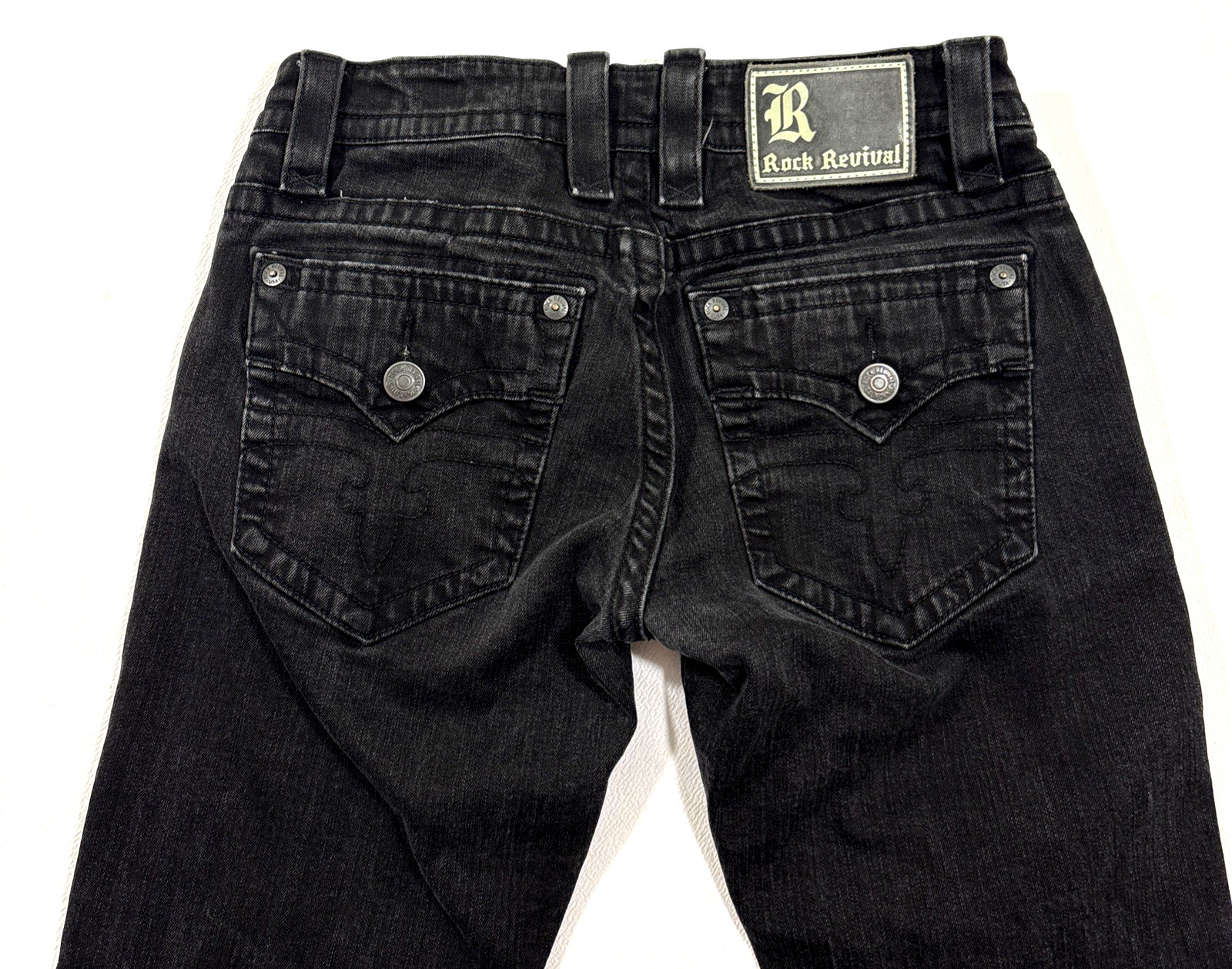 Rock Revival Ryker Jeans Mens 32×30 Slim Straight Black Biker Selvedge EUC Faded