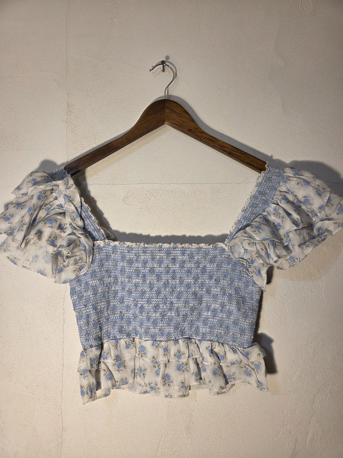LoveShackFancy Blue Floral Smocked Crop Top Puff Sleeve Size S