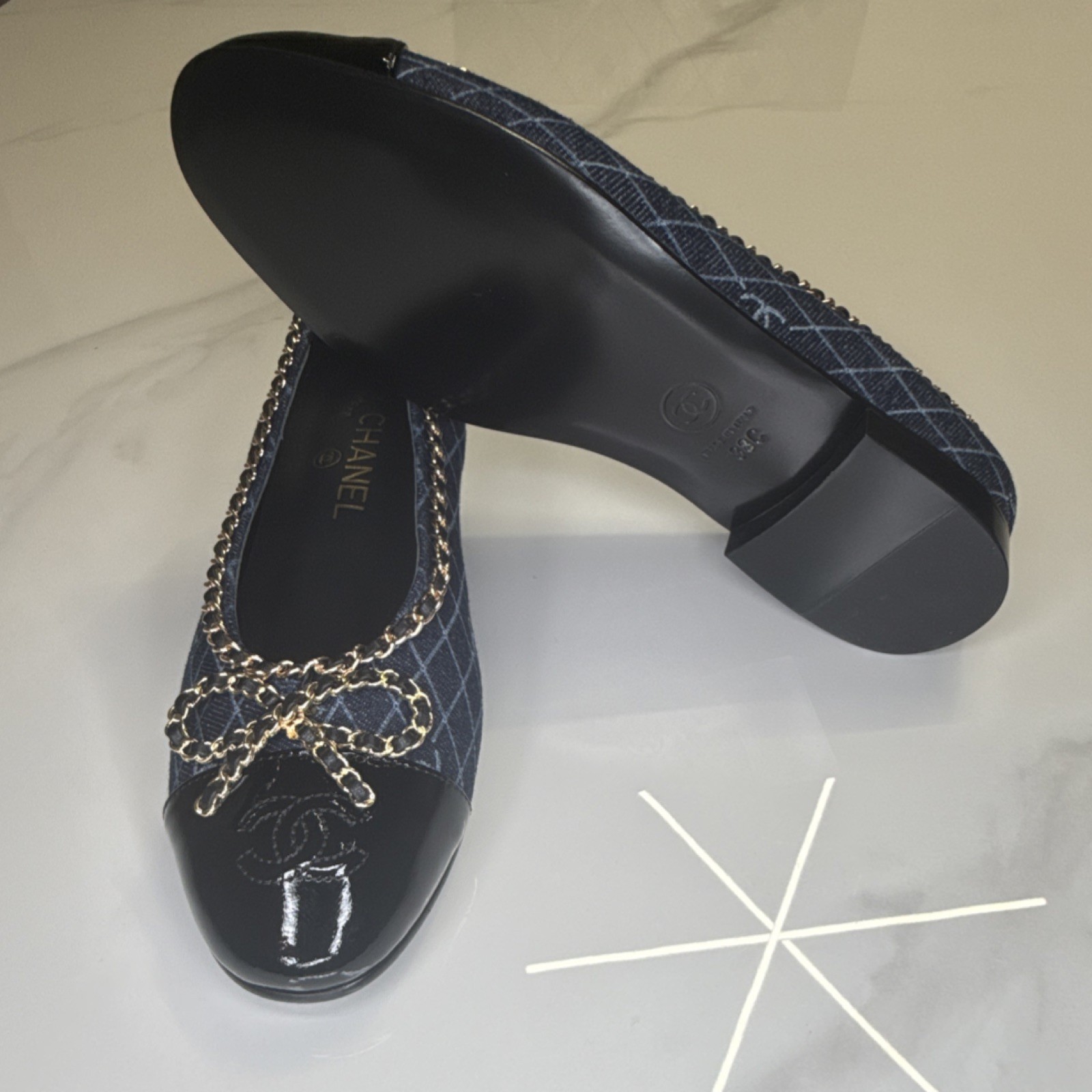 CHANEL Blue Denim Quilted Chain Bow Accent Ballet Flats for Women