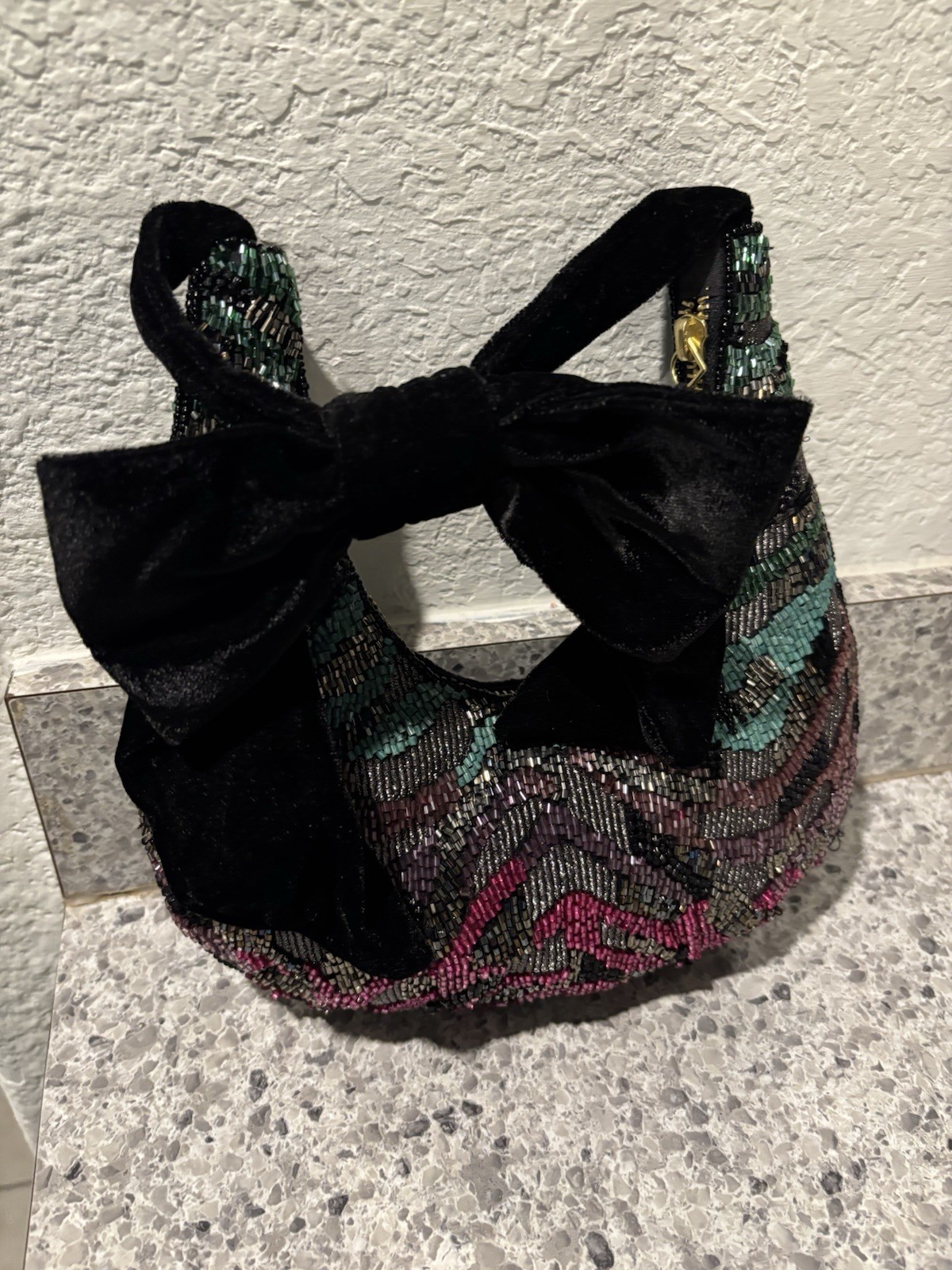 Beaded Shoulder Bag With Bow, Pink, Blue Purple Black ￼