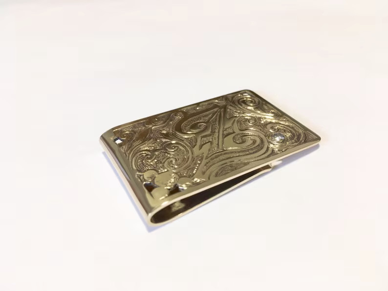 10K Yellow Gold Over Diamond Accent Hand-Engraved Initial Monogram Money Clip 1P
