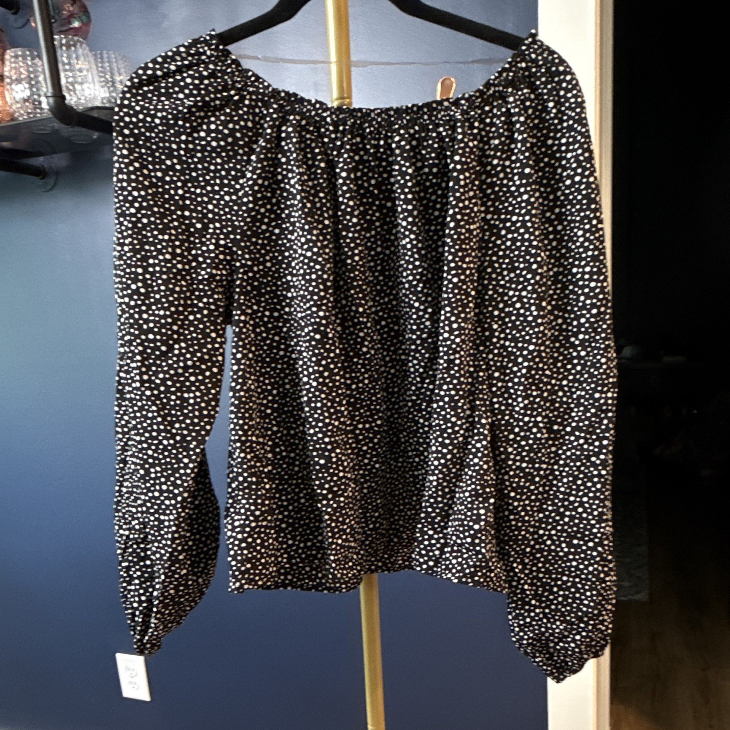 Sanctuary Black/White Polka Dot Off Shoulder Long Sleeve Ruffle Blouse S