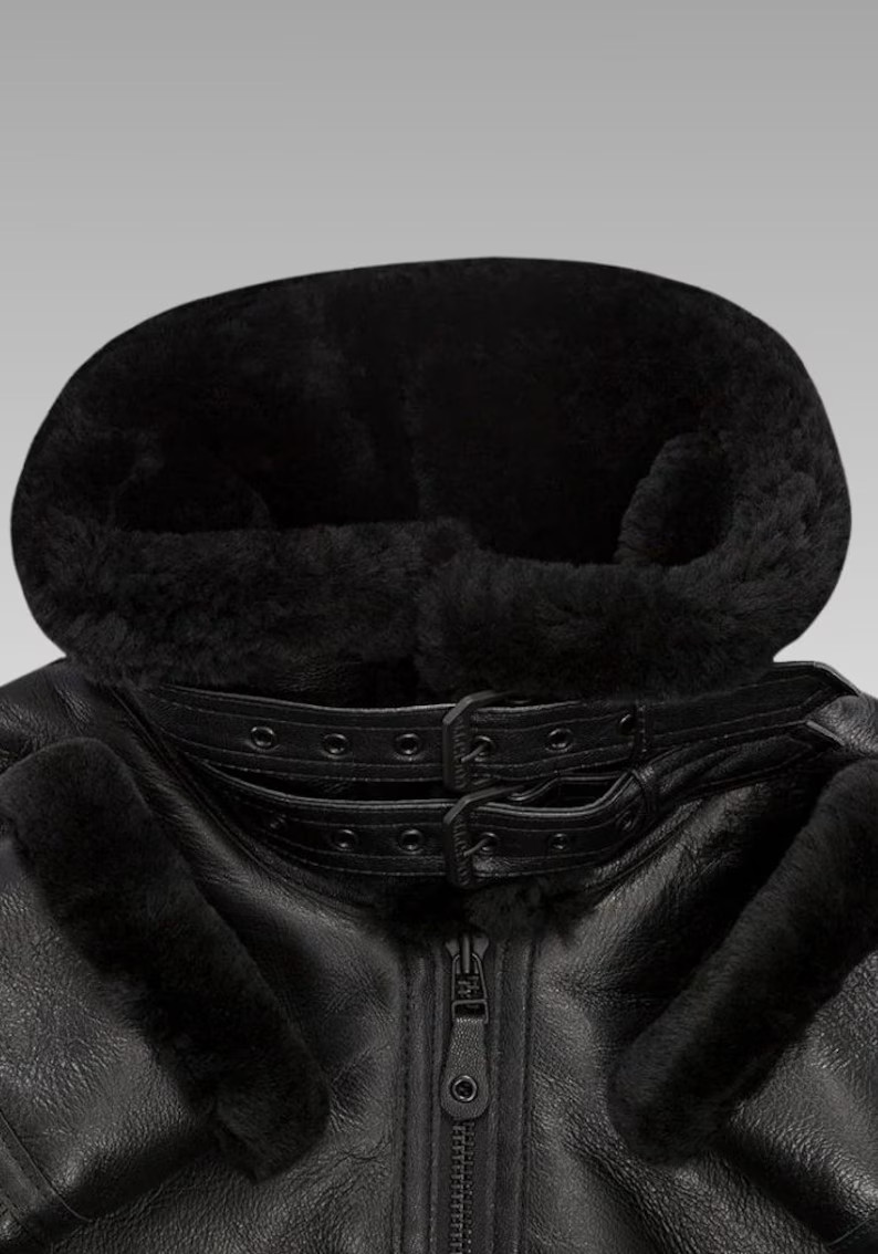 Sheepskin B-3 Leather Jacket, Authentic Black Nappa Leather Aviator Bomber Coat