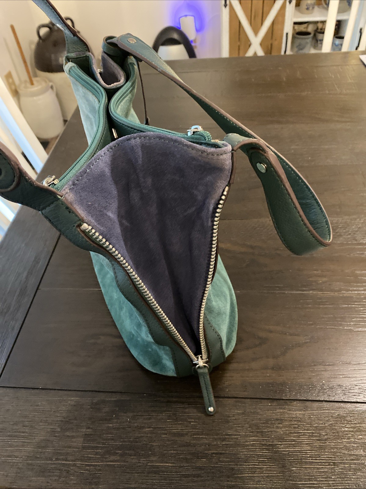 Tignanello Green Suede Leather Purse Shoulder Bag Zip Close Double Straps