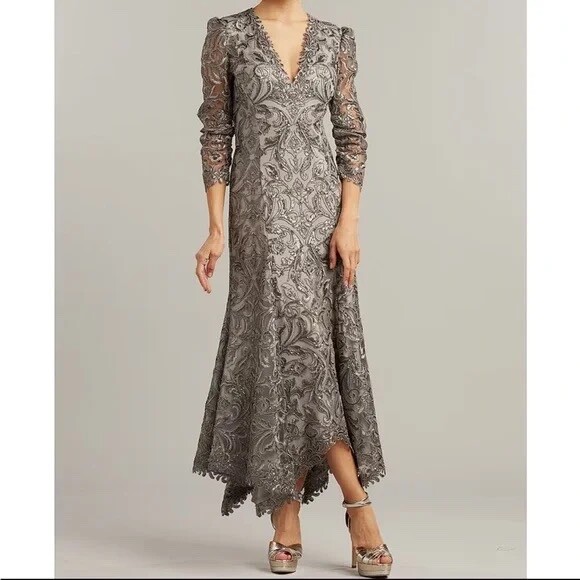 Tadashi Shoji metallic sequin lace v-neck 3/4 sleeves asymmetrical hem dress 14