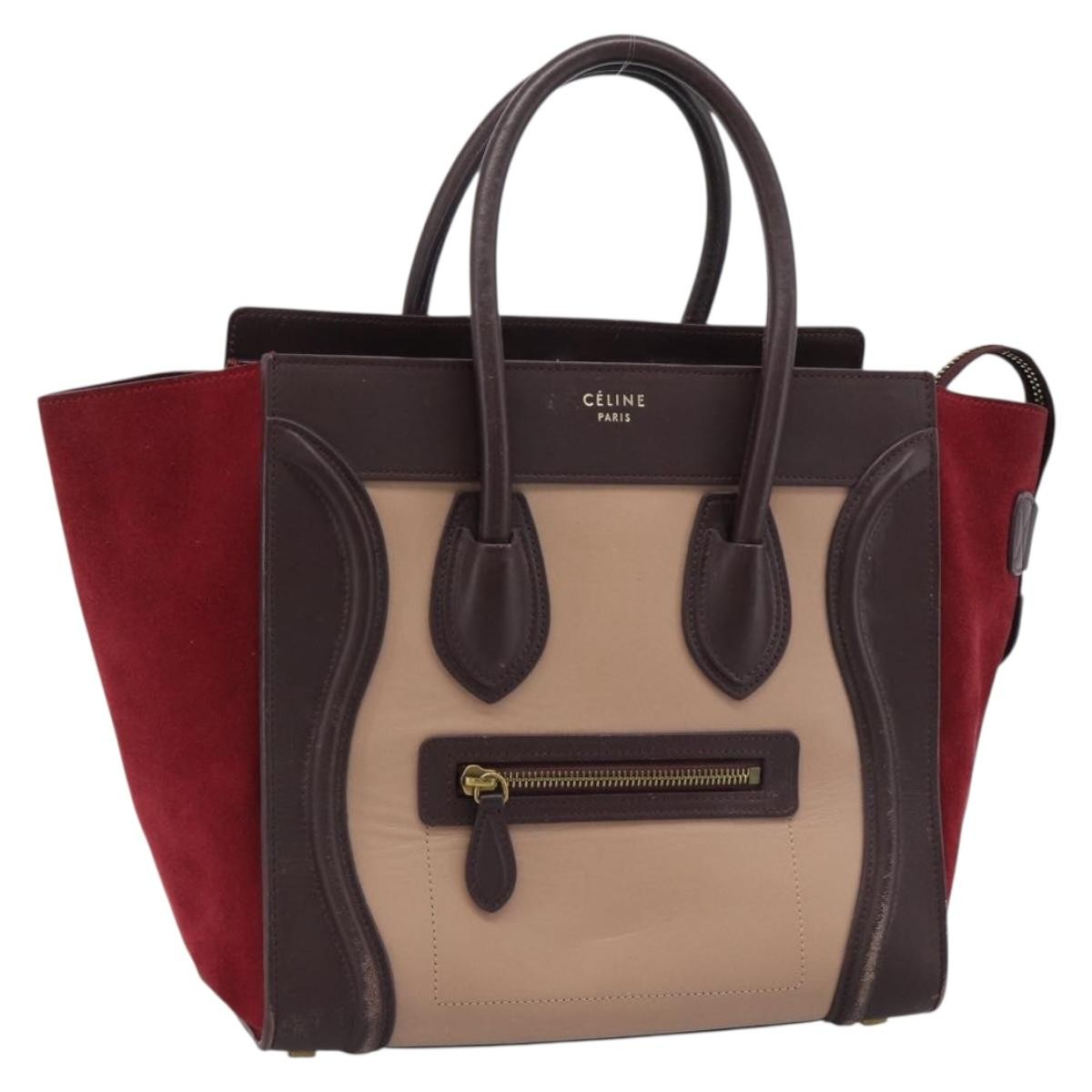 CELINE Luggage Micro Shopper Hand Bag Leather Bordeaux Gold Auth 185495A