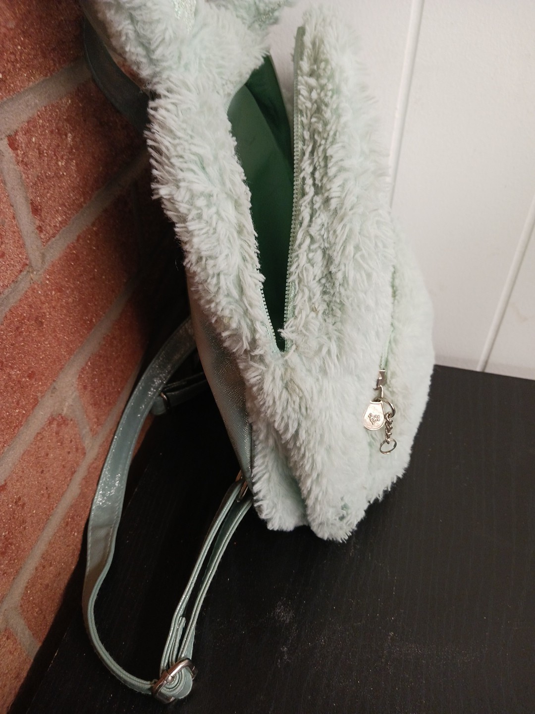 Justice Bunny Mint Plush Mini Backpack Soft Faux Fur Sequin Ears Zipper Pockets