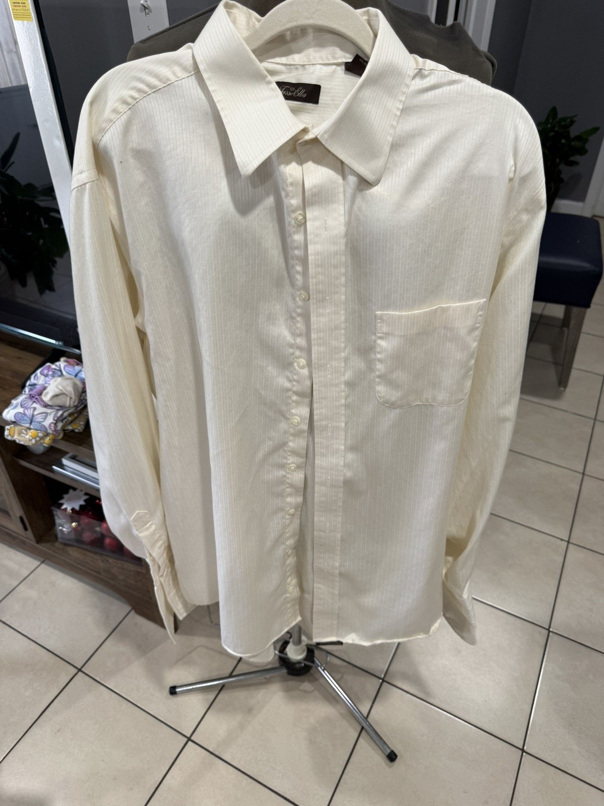 Tasso Elba Mens Double Diamond Button Down Dress Shirt, ivory , 17 1/2 Neck