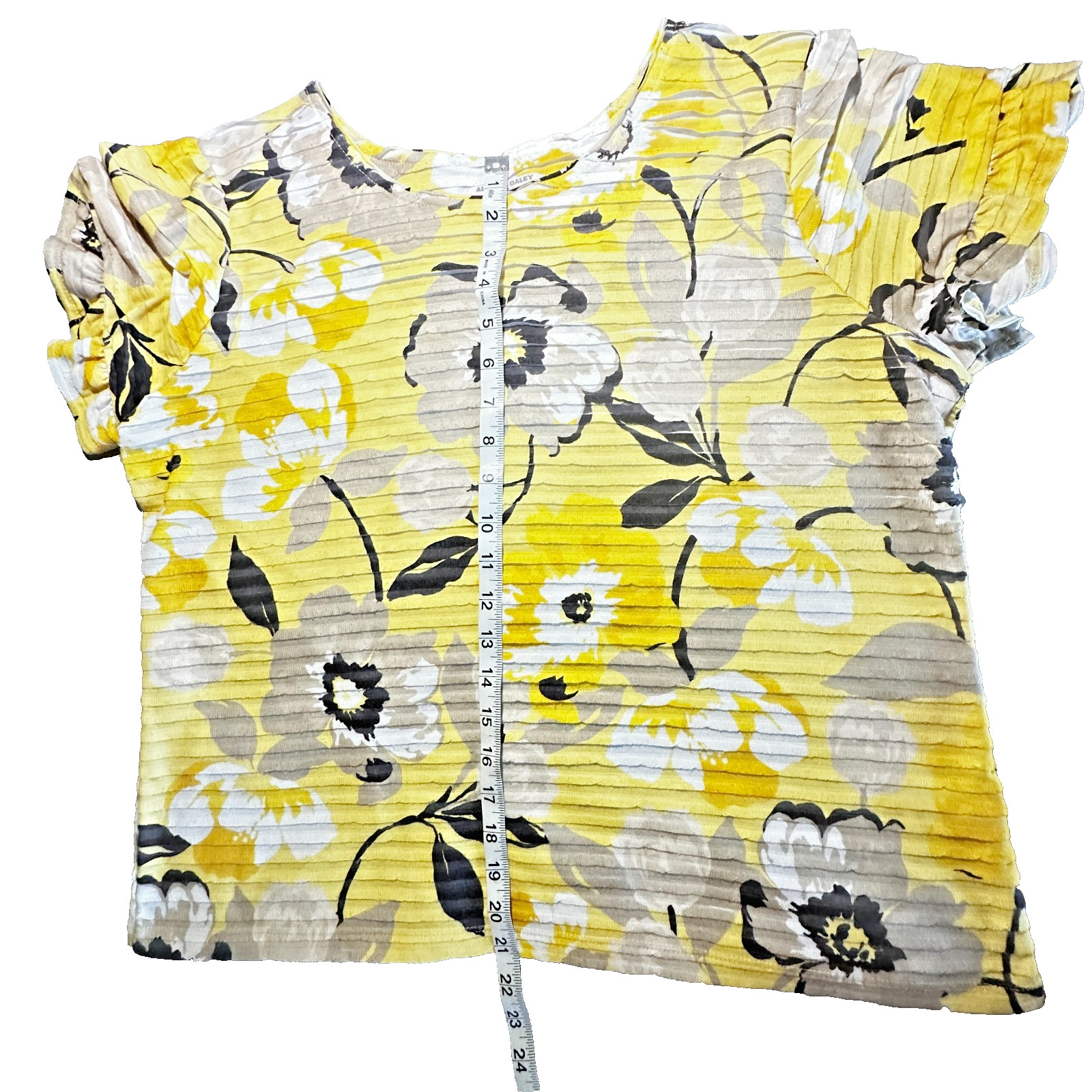 Allison Daley Women Petite PL Short Sleeve Soft Stretch Knit Top YEL/BLK Floral