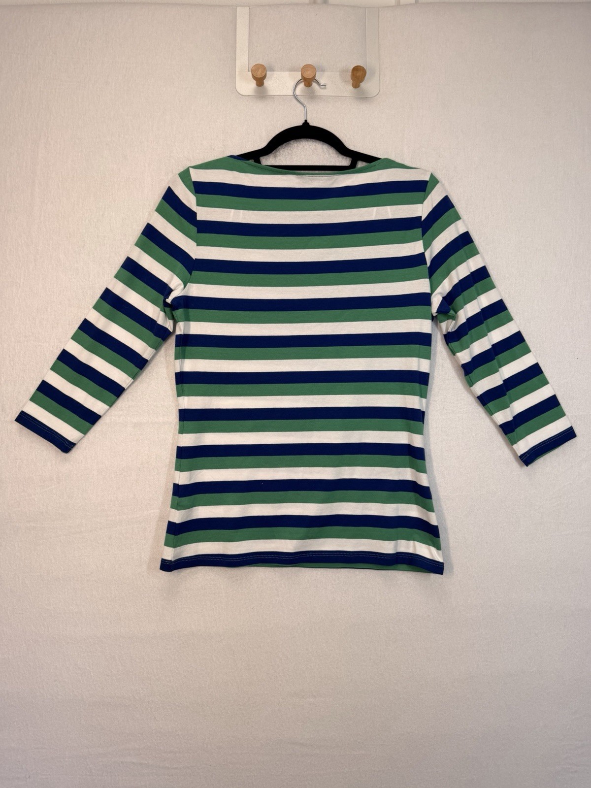 M&S Collection Striped Top UK 12 Blue Green White 3/4 Sleeve Stretch Jersey
