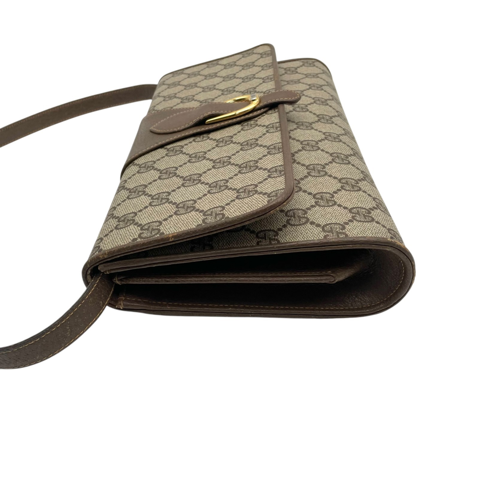 Authentic GUCCI GG Plus PVC Leather Shoulder Bag Messenger Grey Brown Gold