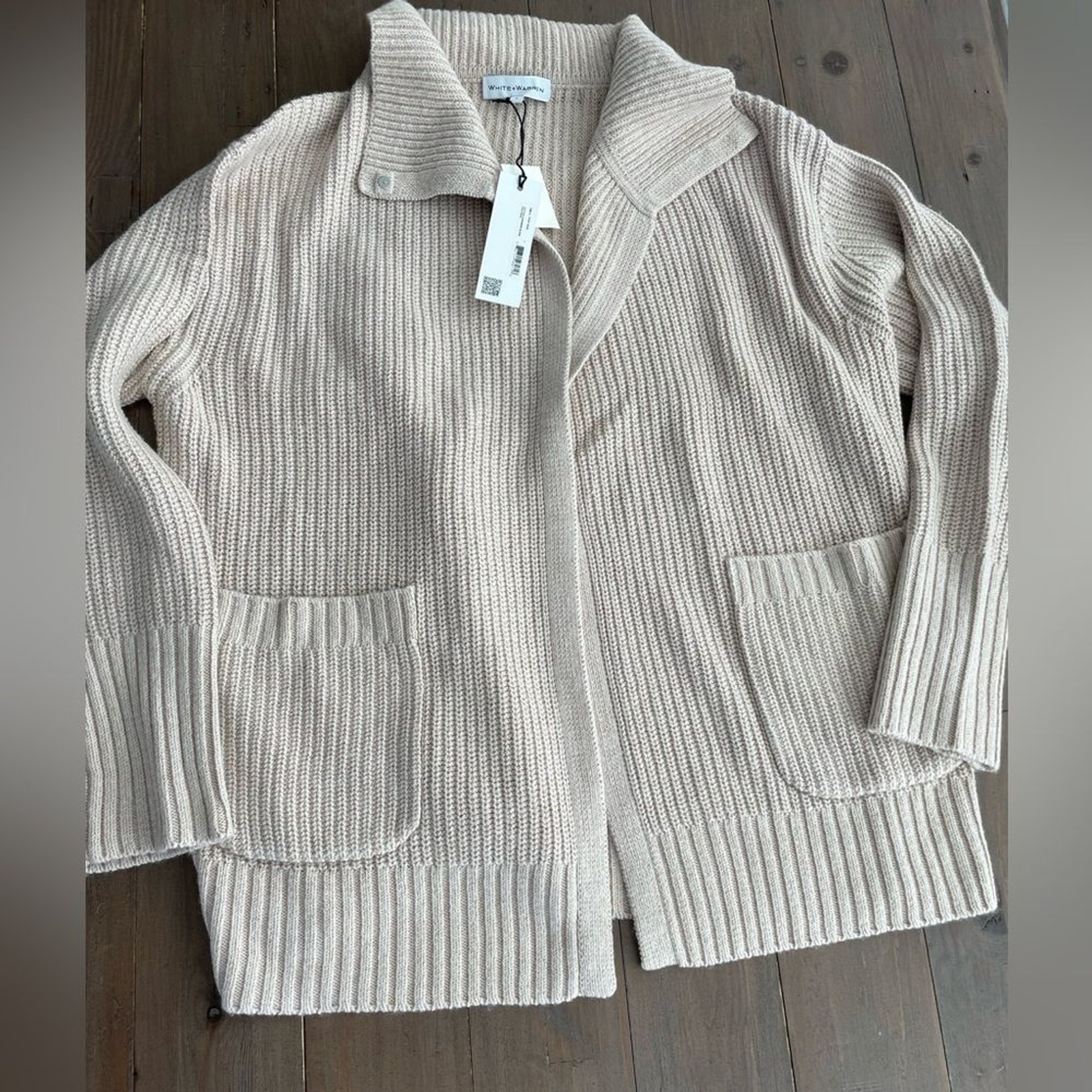 RRP US$395 White + Warren cotton wool cashmere blend coatigan ivory marl NWT L