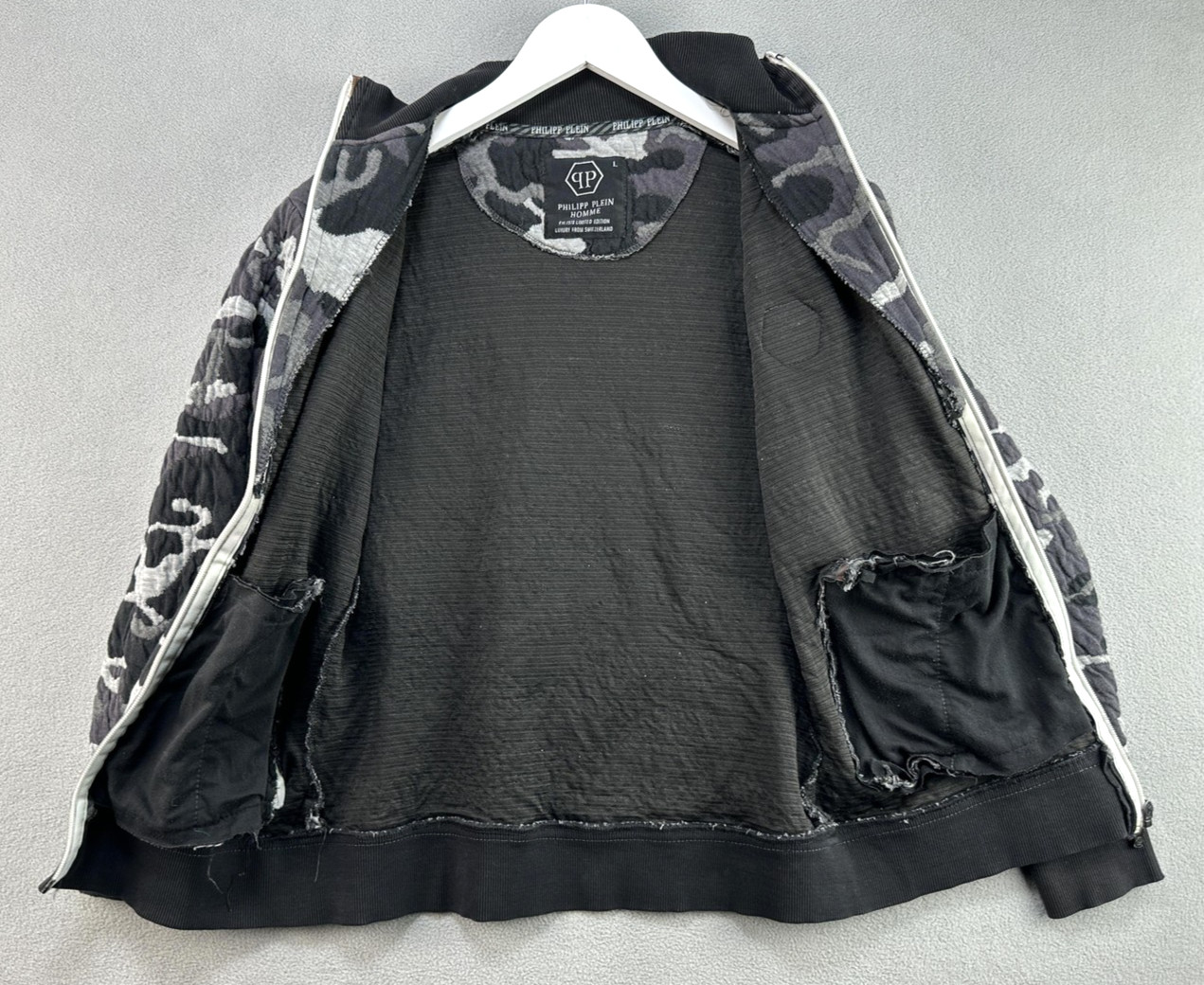 Philipp Plein Jacket Large Bomber Camo Quilted Zip Fighter Jet Hex Patch FLAW