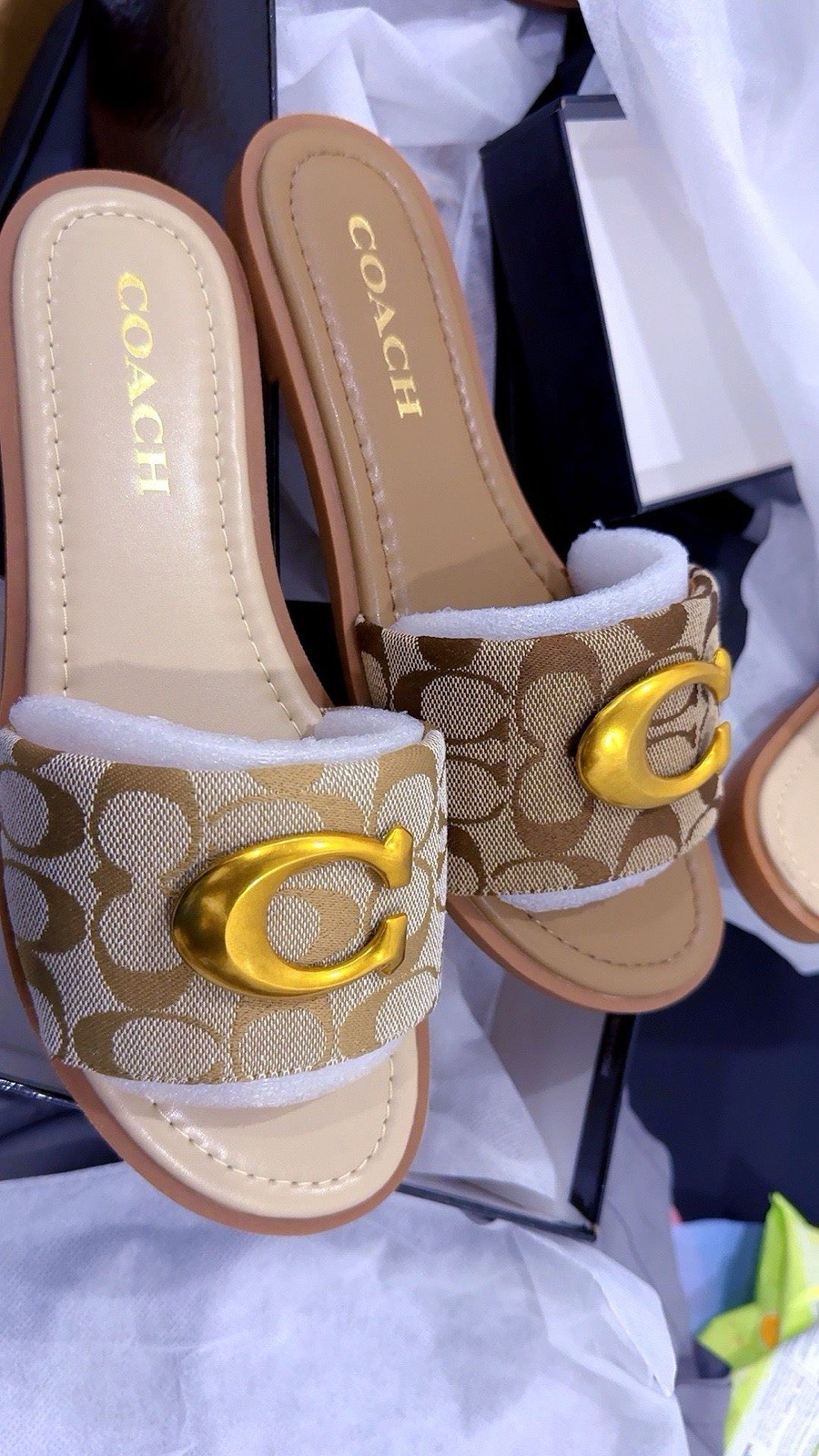 Coach Women’s Slide Sandals Signature Logo Beige Brown Gold Size 37,38,39,40,41