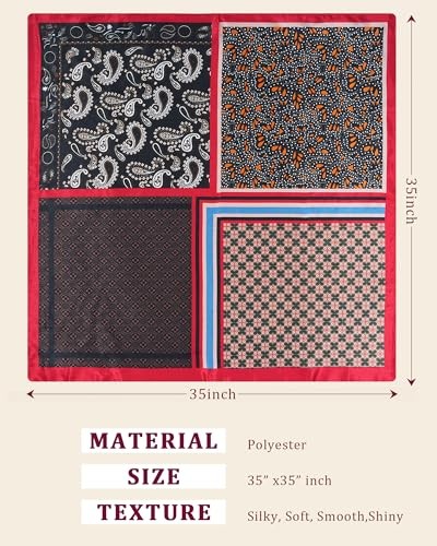 35.5” Large Square Satin Scarf for Hair – 4Pcs Printed Like Silk Head Scarf