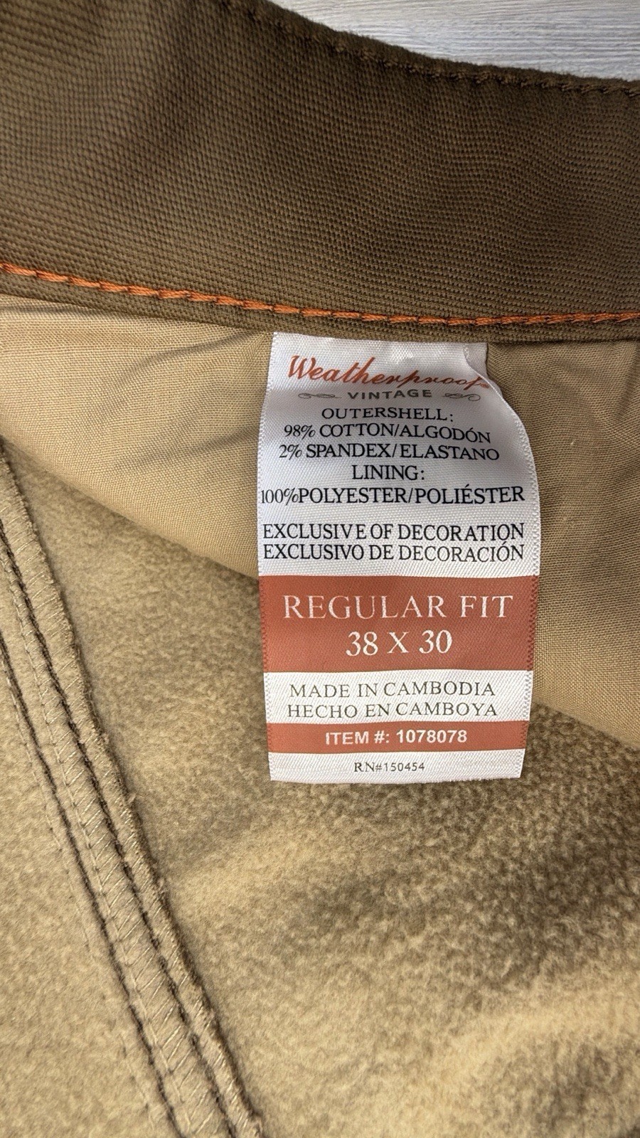 Weatherproof Vintage Sz 38×30 Fleece Lined Stretch Canvas Pant Regular Fit Brown