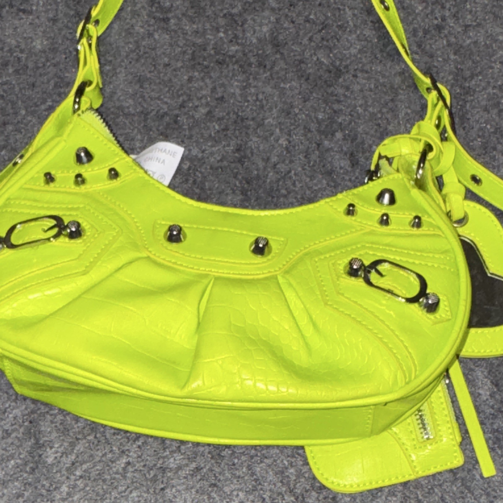Neon Green Quilted Studded Crescent Shoulder Bag w/ Pouch, Heart Mirror & Strap