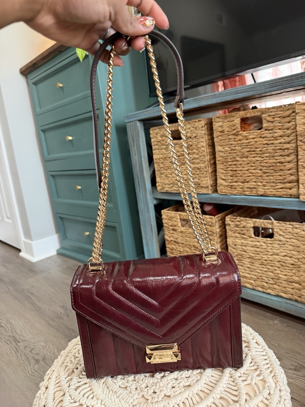 MICHAEL KORS WHITNEY MEDIUM CHAIN SHOULDER TOTE BAG QUILTED STRIPE OXBLOOD