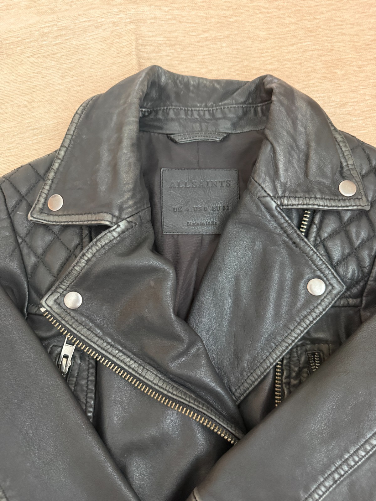 AllSaints Cargo Biker Black Leather Moto Jacket Women US 0 Distressed