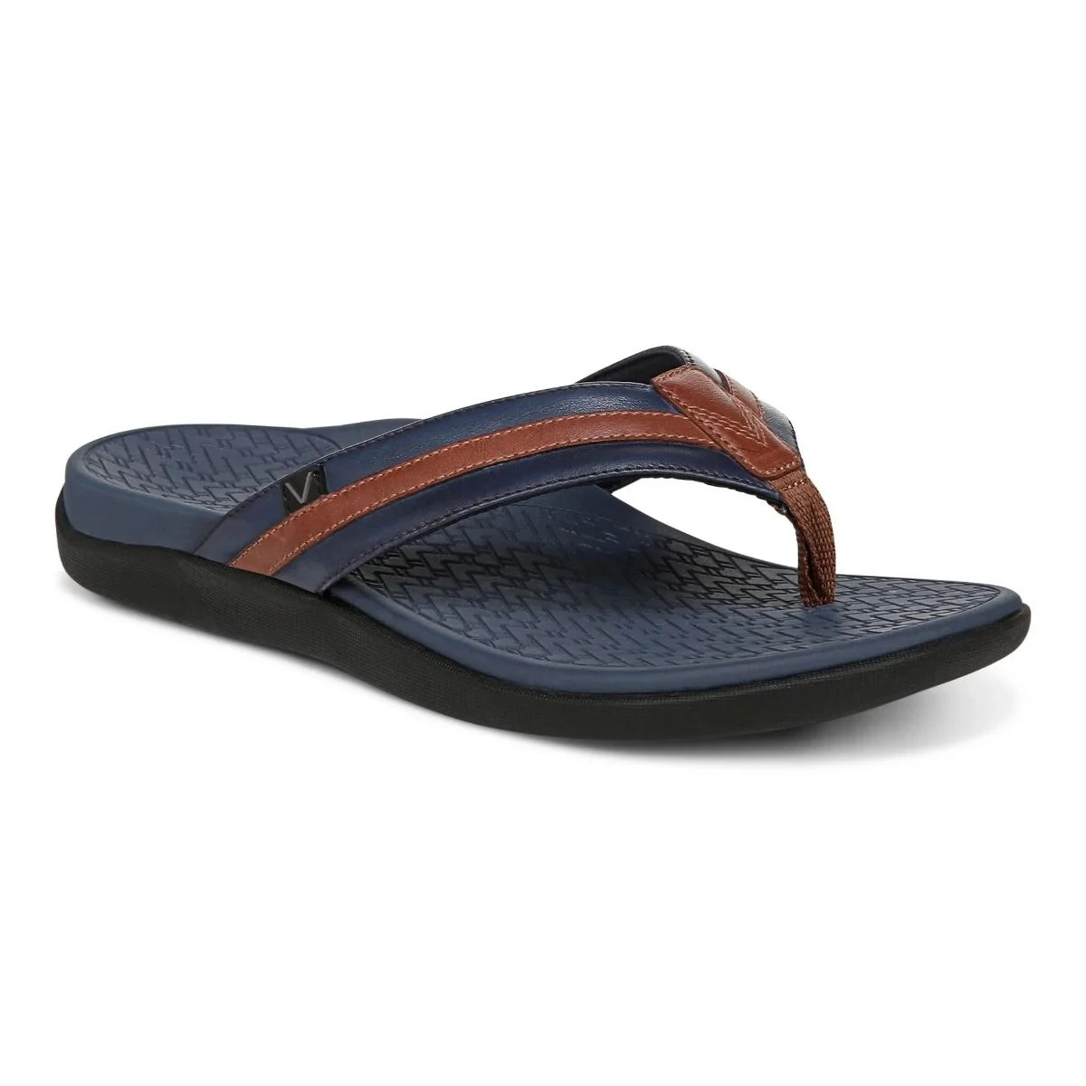 Vionic Tide II Men Toe Post Sandal Orthotic Flip Flop Navy Brown Leather New