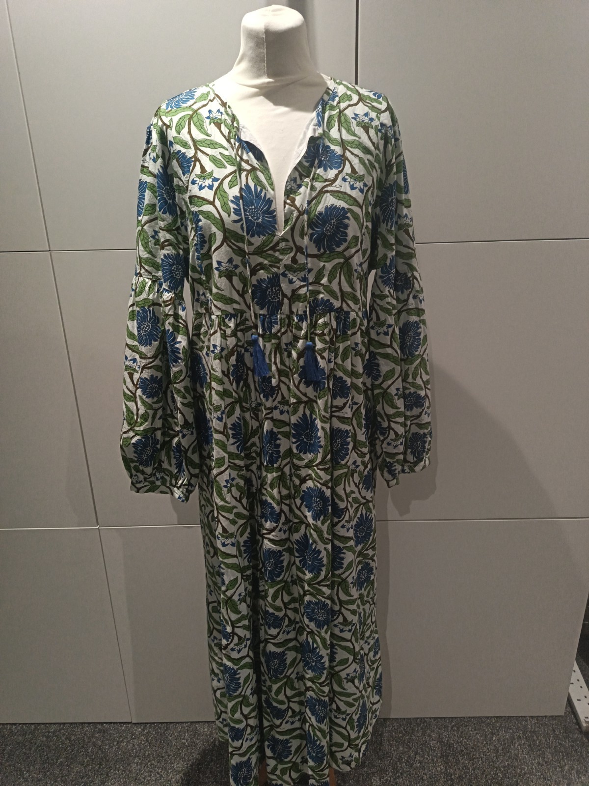 KATE BARTON Botanical Garden Flower Blue and green Summer Dress XL Vgc-Lined