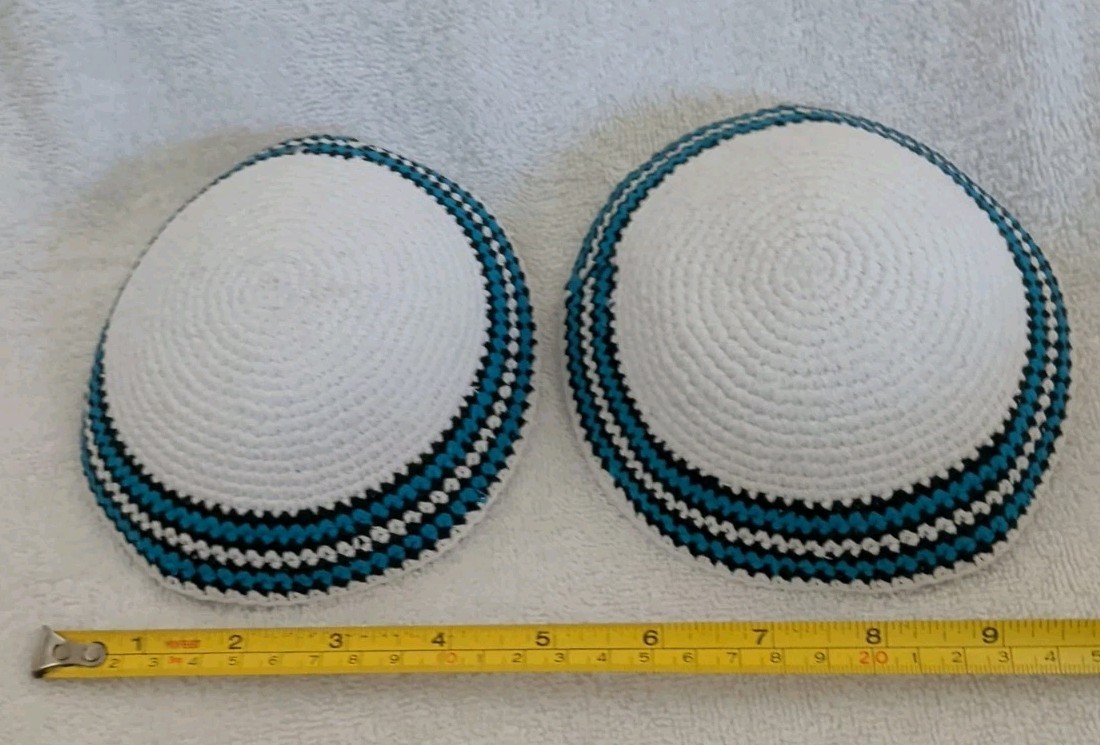 2 HolYudaica Hand Made Knitted Kippah 6.7in Cap 100% Cotton Yarmulk 17cm Folded